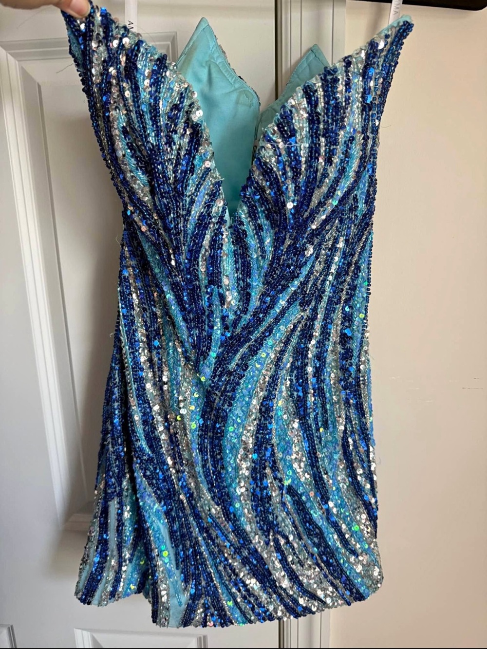 Aqua & Navy Sequin Mini Dress with Deep V